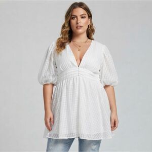 Showpo White Plaid Babydoll Puff Sleeve V-Neck Mini Dress Plus Size US 16